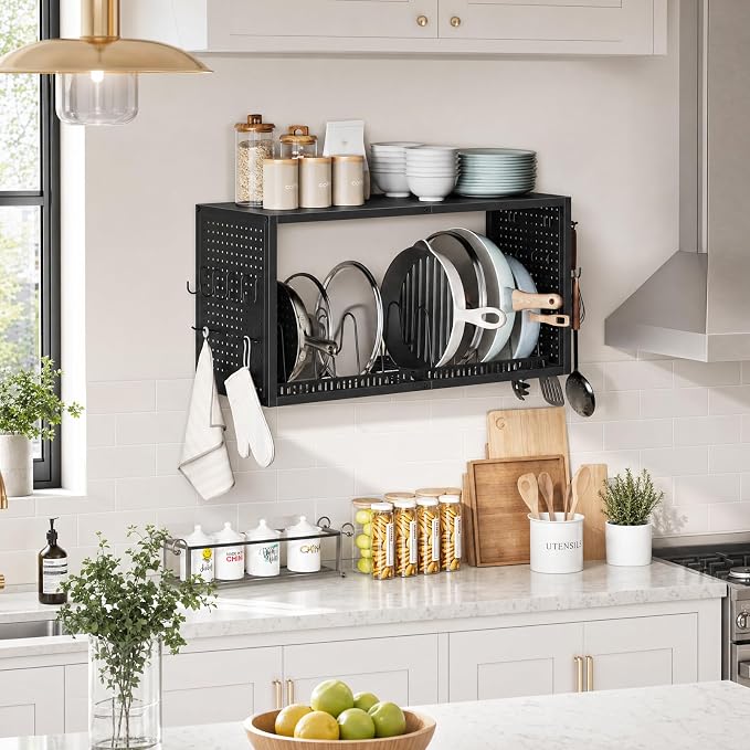 CHOEZON Pot Rack Wall Mounted, 3 in 1 Pots and Pans Organizer, Heavy Duty Hanging Pot Hanger, Storage Rack with 2 tier Kitchen Racks, for Kitchen and Dining Room, Black TPR30BB