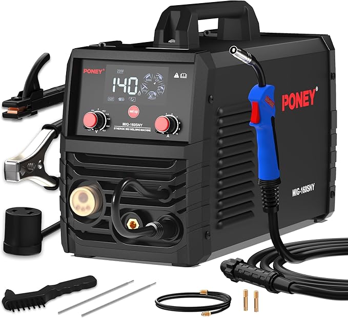 PONEY 140A MIG Welder 110V/220V - 5 in 1 Portable Dual knobs | Gasless MIG/MAG/FLUX/TIG/MMA Welding Machine, Synergic Control, IGBT Inverter & LED Display, Dual Voltage,Dual knobs