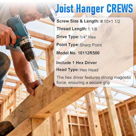 500QTY #10 x 1-1/2" Joist Hanger Screws,Replace 10112R500 Joist Hanger Screws & 10DNails,1/4" Hex Socket Wood Screws 0.370"-Dia Deck Screw Heavy‑Duty Deck Screw 500-Hour Salt Spray Rust Test