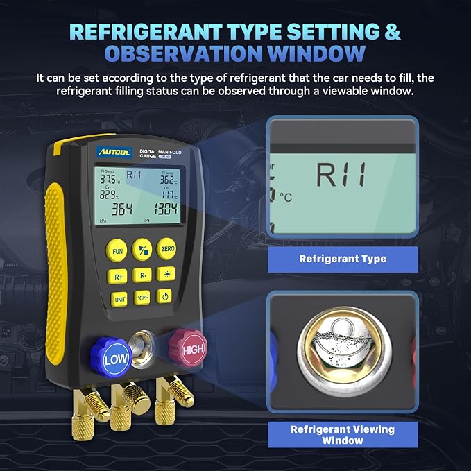 AUTOOL Digital Manifold Gauge HVAC, AC Dual Pressure & Temperature Test, 92 Refrigerant Refrigeration Gauge with Vacuum/Leak Test, LCD Backlight Temp Clamps (LM120)