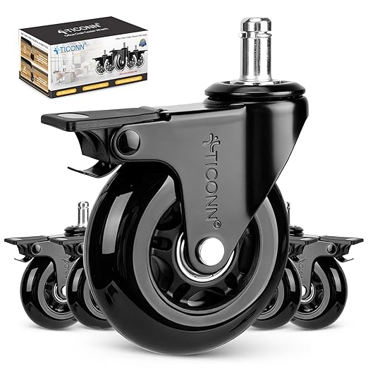 TICONN Office Chair Caster Wheels Set of 5 for Tile, Hardwood Floors and Carpets, Universal Fit for Most Chairs (Black with Brake)