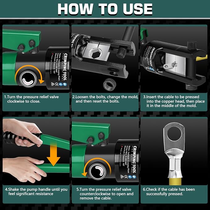Hydraulic Crimping Tool, 16 Tons Hydraulic Wire Crimping Tool Kit with Cable Cutter and 13 Pairs of Dies, 12 AWG to 600 MCM, Wire Rope Crimping Tool for Battery Cable Ends Ring Terminals Green