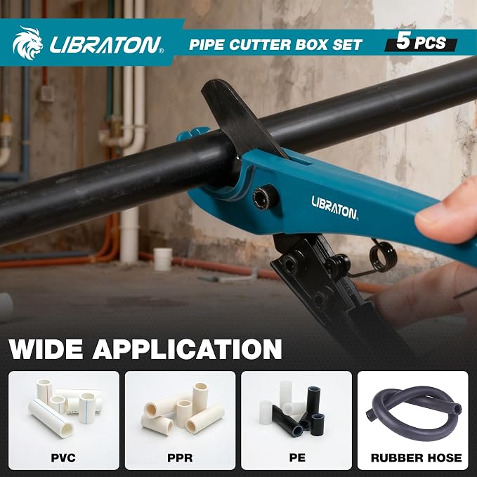 LIBRATON Pipe Cutter Tool 1/8"- 2", Heavy-Duty Copper Tube Cutters, PEX Pipe Cutter, Deburring Tool & Pipe Reamer, 5PCS Tube Cutting Set for Copper, Aluminum, PEX, PVC, with Blow Molded Case