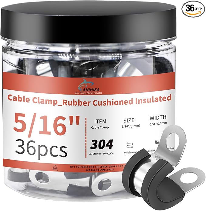 AKIHISA 36Pcs 5/16 Inch Cable Clamps, 304 Stainless Steel Conduit Clamps, for Cable, Pipe, Hose, Fuel Line, Metal Wire Cord Installation