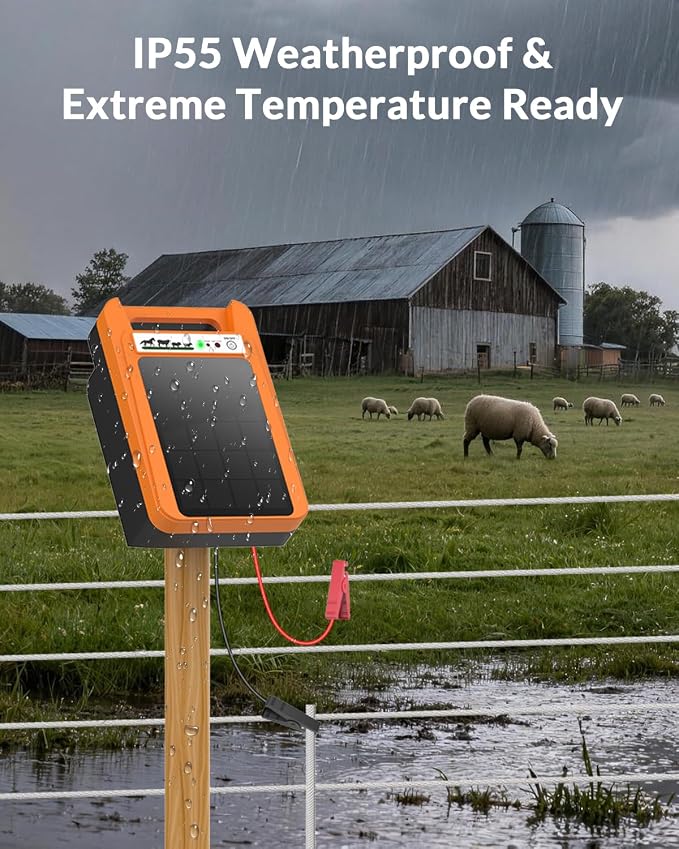 TEPU 10 Mile Solar Electric Fence Charger, 0.2J Output Portable Solar Fence Charger, 24-Hour Uninterrupted Protection, Operates Up to 14 Days Without Sunlight, for Livestock and Predator Protection