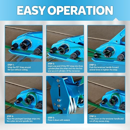 Banding Strapping Kit,6 Hooks 2 Rows Teeth,Strapping Tool Set with Tensioner and Sealer for 1/2 to 3/4 Inch Strapping Upgraded Banding Strap Kit with Tensioner Tool