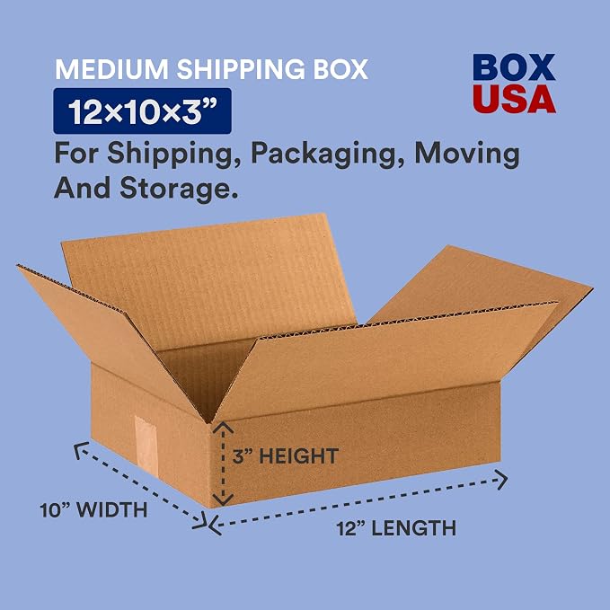 BOX USA Shipping Boxes 12"L x 10"W x 3"H 25-Pack - Flat Corrugated Cardboard Box for Packing, Moving and Storage