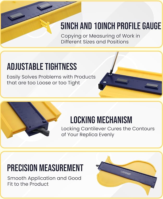 Lichamp Contour Gauge Profile Tool 5" 10" with Miter Saw Protractor Angle Finder 7", Super Gauge Shape and Outline Tool with Aluminum Miter Cut Protractor