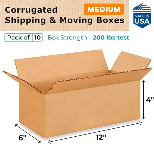 Medium Moving & Shipping Boxes 12x6x4 inches (10-Pack) - Extra Strength 200 lb vs Regular - USA-Made Corrugated Medium Moving Boxes - Shipping Box for USPS/UPS, FedEx - Corrugated Box by IDL Packaging