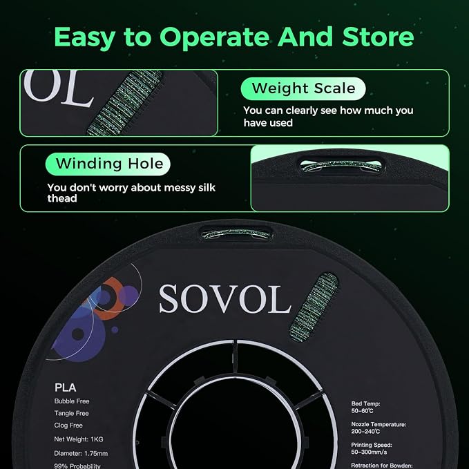 Sovol 3D Printer Luminous Filament, Glow in The Dark PLA 1kg (2.2 lbs) Spool 3D Printing Materials, Dimensional Accuracy +/- 0.03 mm, 1.75 mm, Shiny Green