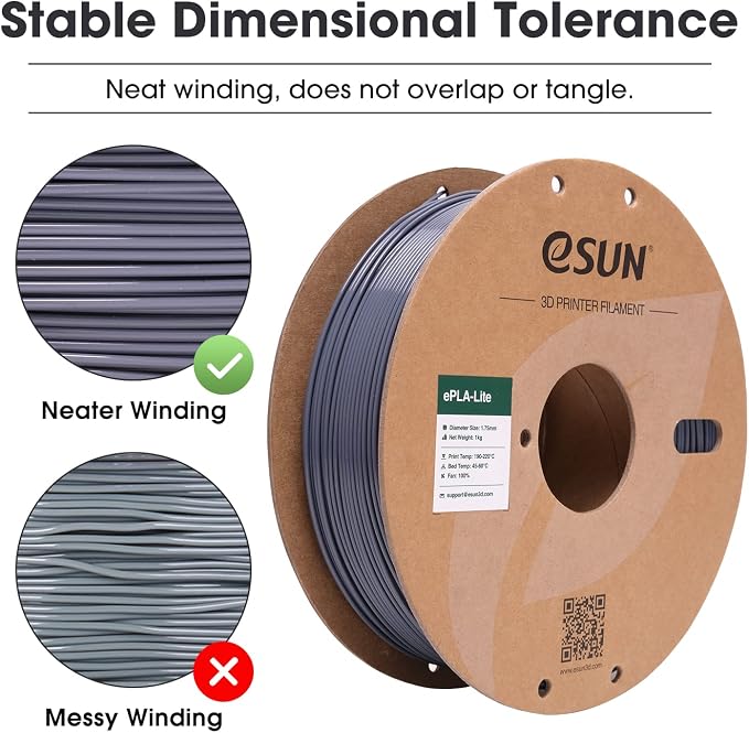 eSUN PLA Filament 1.75mm, High Toughness 3D Printer Filament Upgraded PLA Filament, Dimensional Accuracy +/- 0.03mm, 1KG Cardboard Spool (2.2 LBS) 3D Printing Filament for 3D Printers, Grey