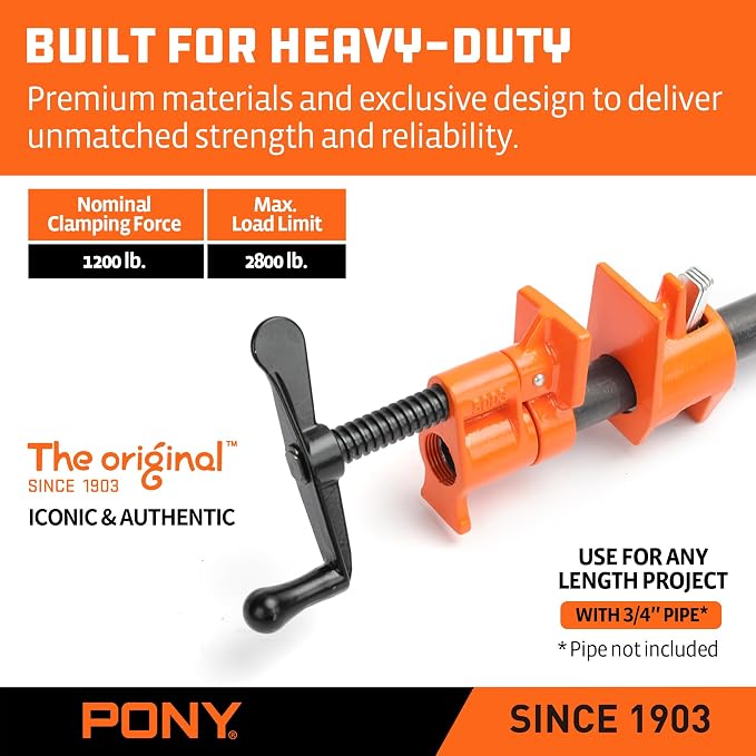 PONY ORIGINAL 2-Pack 50 Wood Gluing Pipe Clamp Fixture for 3/4 Inch Black Pipe