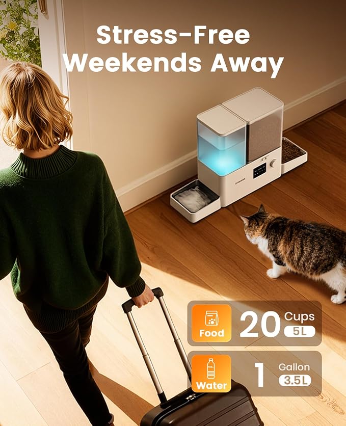 oneisall WiFi Automatic Cat Feeder and Water Dispenser, 2-in-1 Timed Cat Feeder and Gravity-Fed Water System, 36Cups/8.5L Large Capacity Pet Feeder, Easy-Clean Dry Food Dispenser with APP Control