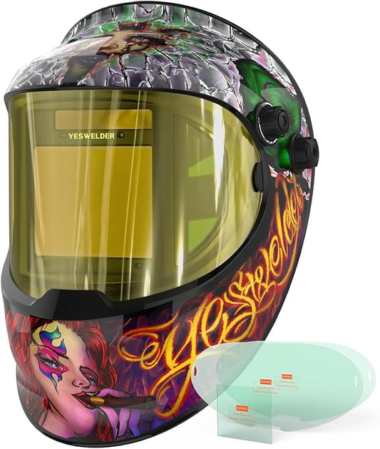 YESWELDER Auto Darkening Welding Helmet with SIDE VIEW, 180° Panoramic View, 1/1/1/1 True Color Solar Powered Welder Hood, Wide Shade 3/5-9/9-13 Welder Mask for TIG MIG ARC CUT and GRIND, LYG-Q800D