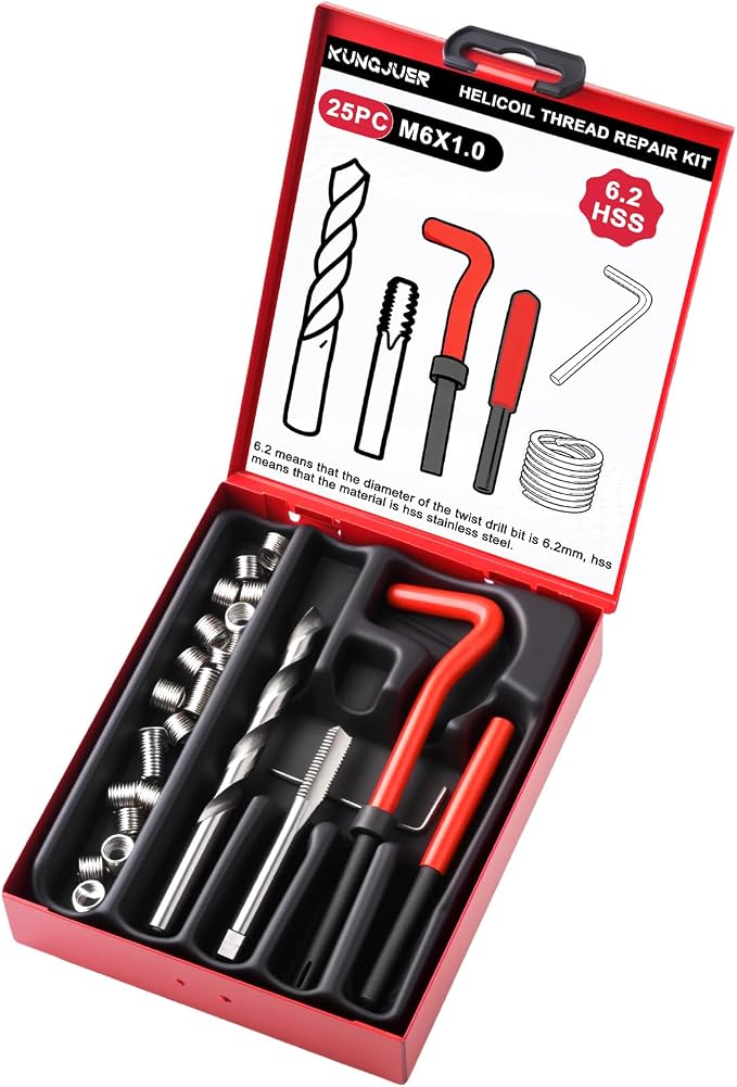 Helicoil Metric Thread Repair Insert Kit, M6X1.0mm Rethreading | Thread Repair kit with HSS Drill Bits, Rethreading Inserts Tool Set for Damaged Thread Repairing with Carry Case