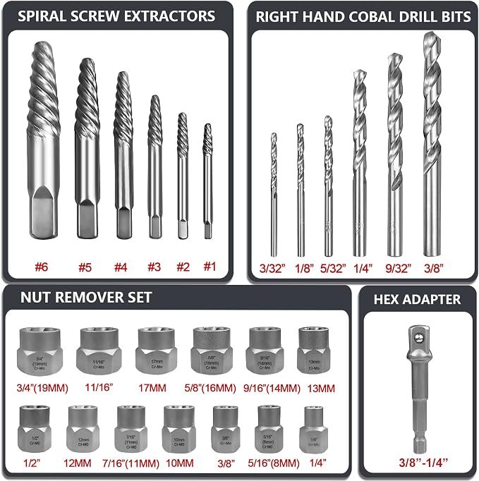 26-Piece Screw & Drill Bit Set, Multi-Spline & Bolt Extractors, Spiral Extractor for Broken Studs & Fittings