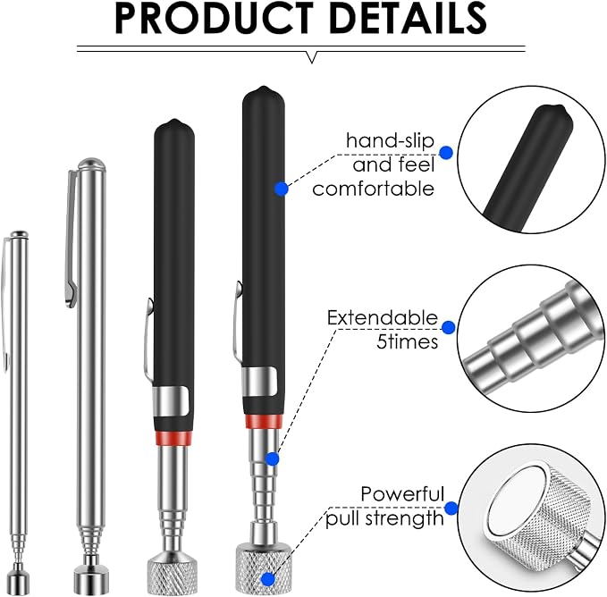 4Pcs Telescoping Magnetic Pickup Tool 1.5LB 3LB 10LB 15LB Extendable Magnet Stick Set Grabber Tools Stainless Steel Portable Bolt Screws Reacher Magnetic Nail Picker for Men Husband Birthday Christmas
