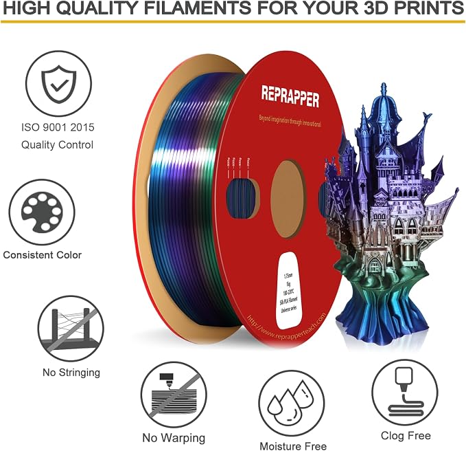 RepRapper Universe Rainbow PLA Filament, Shiny Multicolor Silk PLA 1.75 mm Filament (+-0.03 mm), Sparkle Fast Change Multi-color1 kg 3D Printer Filament for 3D Printer