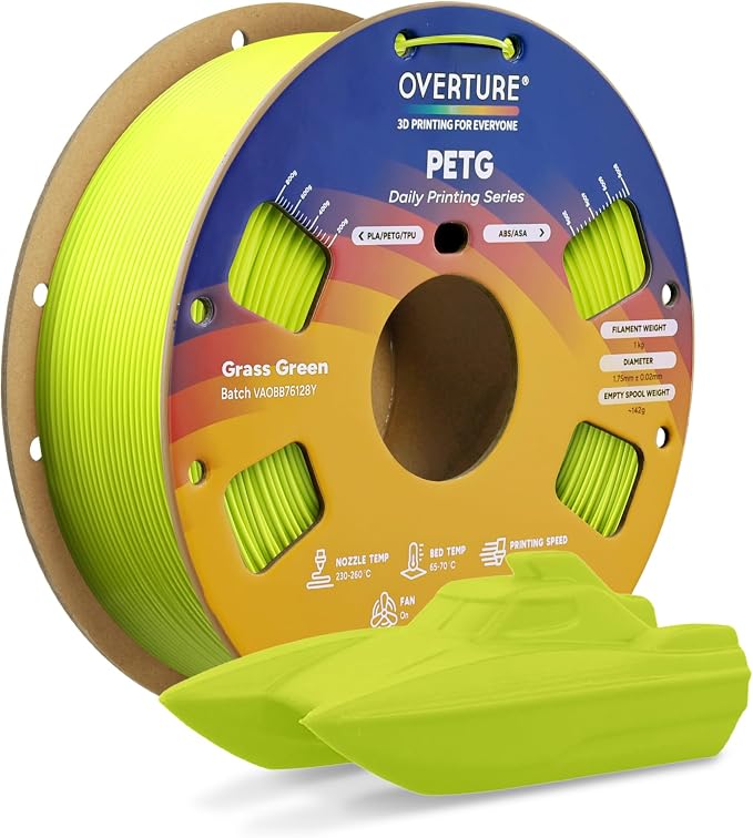 Overture PETG 3D Printer Filament 1.75mm, Neatly Wound Durable PETG 1kg Spool (2.2lbs), Strong Toughness Filament, Dimensional Accuracy +/- 0.02mm, Fit Most FDM Printers (Grass Green)