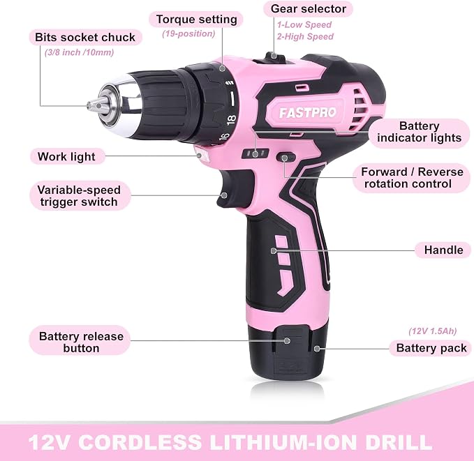 FASTPRO 175-Piece 12V Pink Drill Set, Cordless Lithium-ion Driver and Tool Kit, House Repairing Tool with 12-Inch Storage Bag, For DIY, Home Maintenance