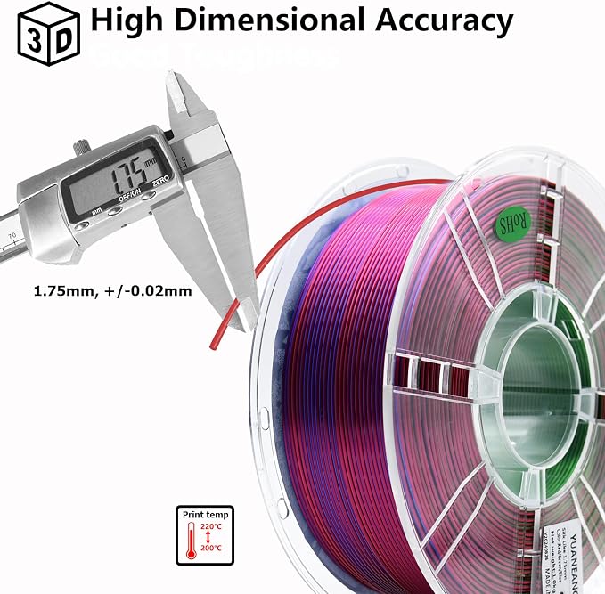 Silk Triple-Color PLA Filament 1.75mm Red-Green-Blue, ±0.03mm Precision, 1kg Spool (2.2 lbs), Smooth Multi-Tone Gradient PLA, Neatly Wound & Compatible with Most 3D Printers
