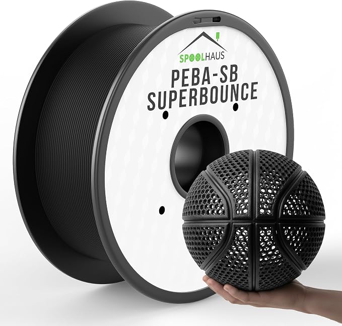 PEBA Filament 1.75mm Full 1kg SpoolHaus Super Bounce | High Rebound Flexible Filament | The Super TPU 78% Energy Return | Bouncy Airless Basketball 3D Printer Filament Lightweight Black 1kg