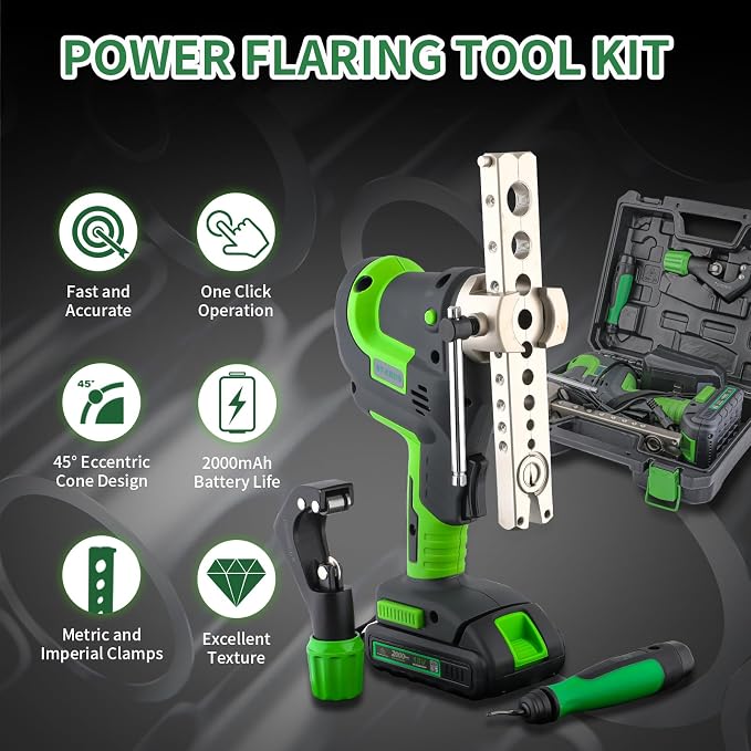 Power Flaring Tool Kit for 1/4" - 3/4" HVAC Cordless Flare Tool with Metric and Imperial Integrated Clamps 45° Eccentric Cone for Copper Aluminum Pipe with Deburring and Cutter Tool