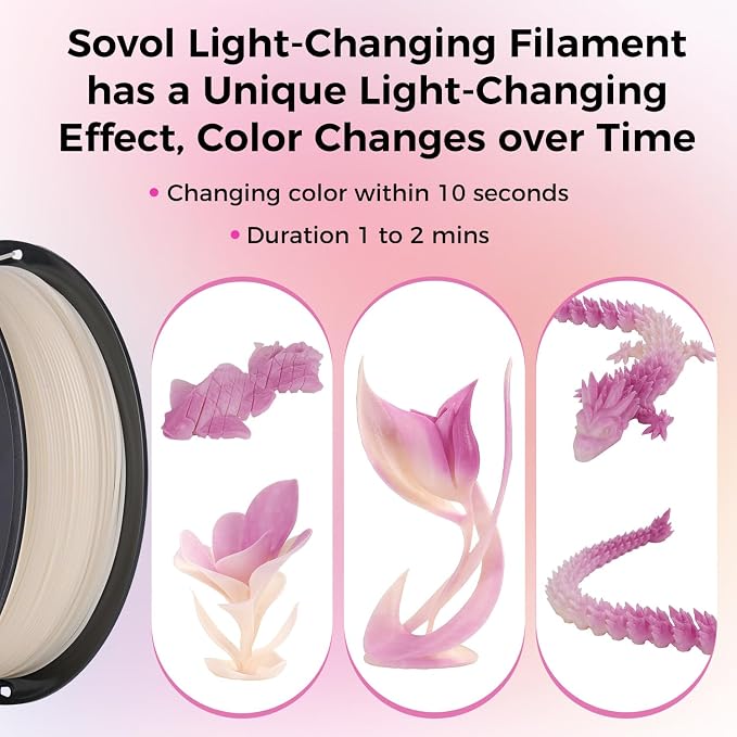 Sovol 3D Printer Photosensitive Filament Single Color Light Change PLA 1kg (2.2 lbs) Spool 3D Printing Materials, Dimensional Accuracy +/- 0.03 mm, 1.75 mm, Light Change Purple