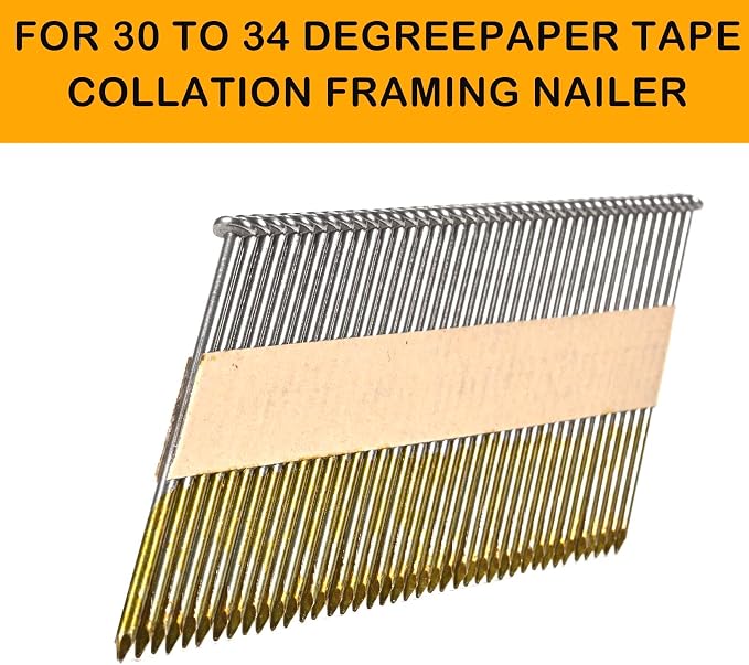 3-Inch x .120 Framing Nails, Smooth Shank Paper Tape Nails for Framing Nailer，30 Degree Bright Finis Collated Nails 1000 Pack