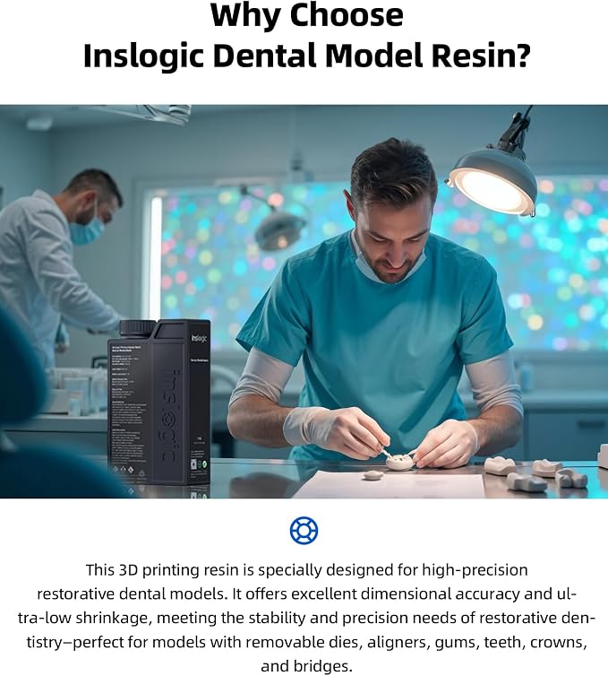 Inslogic Dental Model 3D Printer Resin, High Accuracy Resin for Restorative Models, Low Shrinkage, Low Odor, 405nm UV-Curing Resin for LCD, DLP, SLA 3D Printing (Gray, 1kg)