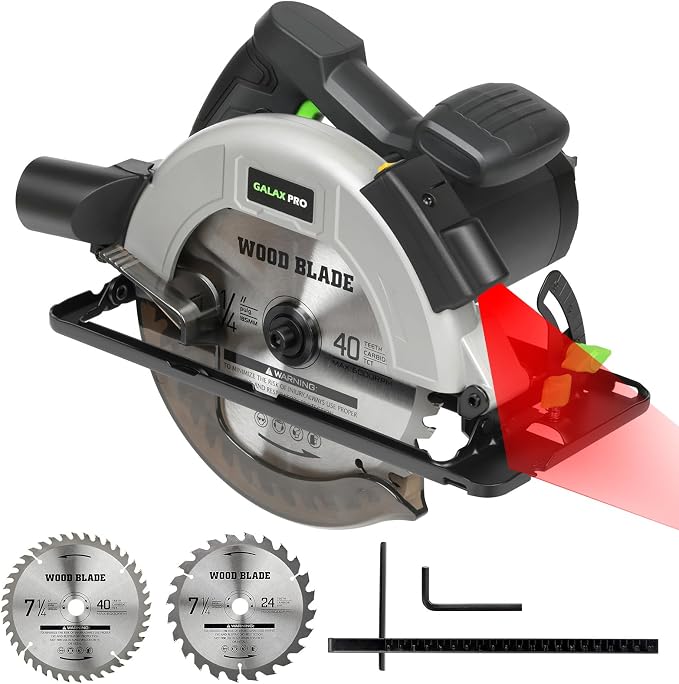 GALAX PRO 6000RPM 11Amp Corded Circular Saw with Laser | 0-45° Adjustable Bevel, Max Cutting Depth 2-1/2''(90°) to 1-7/8''(45°), 7-1/4 Inch Carpentry Blade for Wood Plastic Cuts
