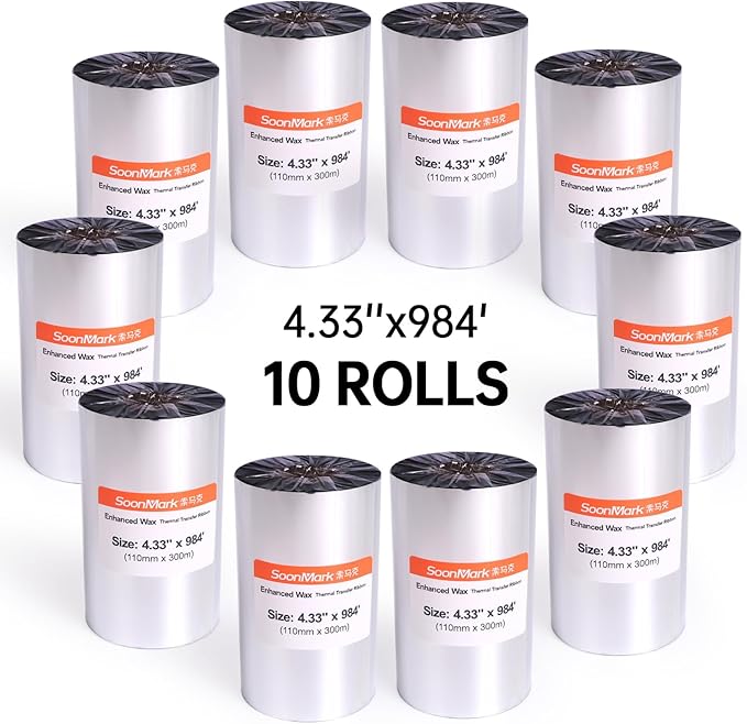 10 Rolls 4.33" x 984' Thermal Transfer Wax Resin Ribbon (110mm X 300m) Black Thermal Transfer Ribbon, Barcode Thermal Label Printer Ribbon for Label Tag Barcode Printing for Zebra,TSC,DATAMAX, GoDex