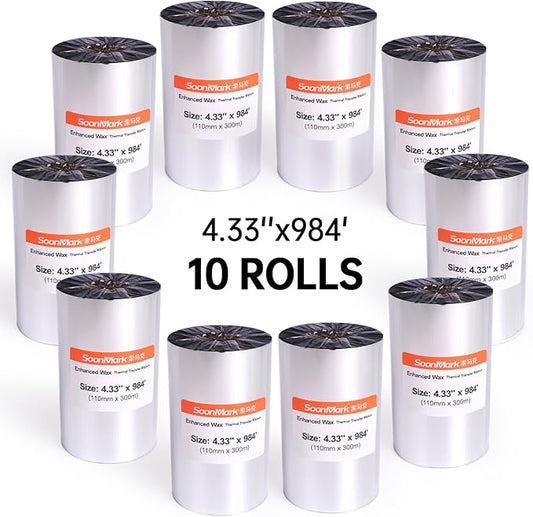 10 Rolls 4.33" x 984' Thermal Transfer Wax Resin Ribbon (110mm X 300m) Black Thermal Transfer Ribbon, Barcode Thermal Label Printer Ribbon for Label Tag Barcode Printing for Zebra,TSC,DATAMAX, GoDex