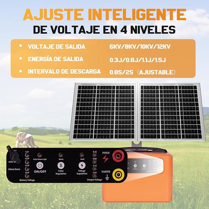 30 Miles/48km Solar Electric Fence Charger,15W Solar Powered Fencer with Adjustable 6KV to 12KV Output (0.3J-1.5J),Battery Level LCD Display,All-Weather Kit for Livestock,Deer,Farm,Yard