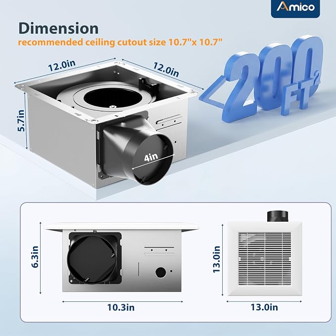 Amico Bathroom Exhaust Fan,160 CFM, 1.5 Sones, Low Noise, Household Bath Ventilation Fans, Ceiling Mounted, No Attic Access Needed, Ceiling Opening 10.7''x10.7'' - ETL & FCC Certified