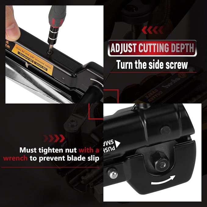 BX/MC Cable Cutter Compatible with Easily Cutting Armored Cables - BX, AC, MC, MCAP, and Greenfield Cables, Cutting Depth Can Be Adjusted Between Standard MC and Reduced-diameter MC, Black