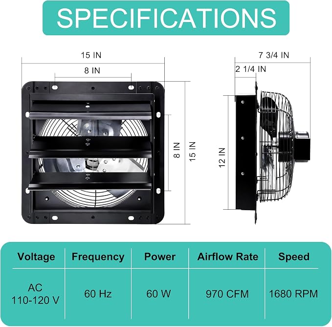 12 Inch Shutter Exhaust Fan for Greenhouse, Shed, Garage, Barn, Chicken Coop Ventilation, Wall Mount Attic Fan with Speed Controller and Power Cord, 970 CFM, Black