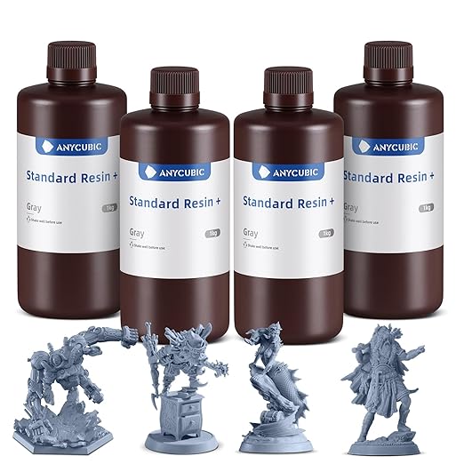 ANYCUBIC Upgraded Standard 3D Printer Resin, 405nm SLA Fast UV-Curing Resin, High Precision & Rapid Photopolymer for 8K Capable LCD/DLP/SLA 3D Printing (4Packs*1kg Grey, 4kg in Total)