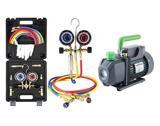 Lichamp HVAC R410a Gauges with Liquid Vaporizer, Vapor Charging Manifold Gauge Set for 410A R404a R22 R32 and Vacuum Pump, HVAC Single Stage Vacuum Pump for R134a R410a R22 R12,1/4 HP 3.5 CFM