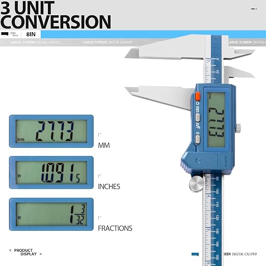 Dasqua 8" IP54 Digital Caliper, Stainless Steel Water-Resistant Precision Measuring Tool with Large LCD, Inch/Metric/Fraction Switch, Resolution 0.0005"/0.01mm/1/128, Accuracy ±0.001"/0.02mm
