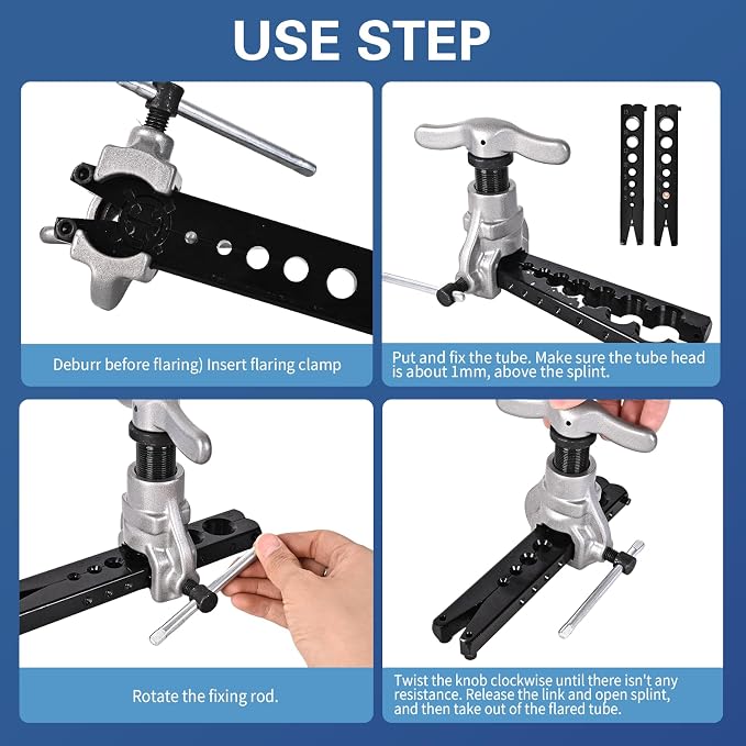 Eccentric Flaring Tool Kit 45° Single Flare Tool for 1/4 to 3/4 Inch Metric 5-19mm O.D. Copper Aluminum Thin Steel Tubings 2 Flaring Bar for 14 Dies Sizes HVAC with Reamer & Tube Cutter