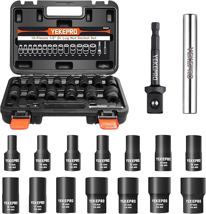 16PCS Bolt Extractor Set, 1/2" Drive Impact Twist Socket Set, Stripped Bolt Extractor for Removing Damaged, Frozen, Rusted, Rounded-Off Bolts, Nuts & Screws, Cr-Mo Steel