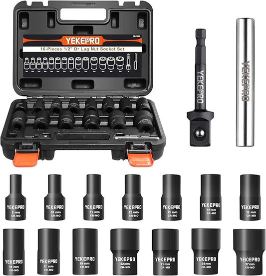 16PCS Bolt Extractor Set, 1/2" Drive Impact Twist Socket Set, Stripped Bolt Extractor for Removing Damaged, Frozen, Rusted, Rounded-Off Bolts, Nuts & Screws, Cr-Mo Steel