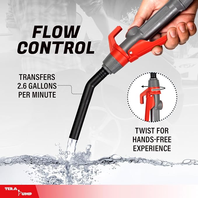 TERA PUMP Portable Battery Powered Gas Transfer Pump (2.6 GAL/MIN) Liquid Transfer Pump with Quick Stop Nozzle & Adjustable Intake for Gas, Diesel, DEF