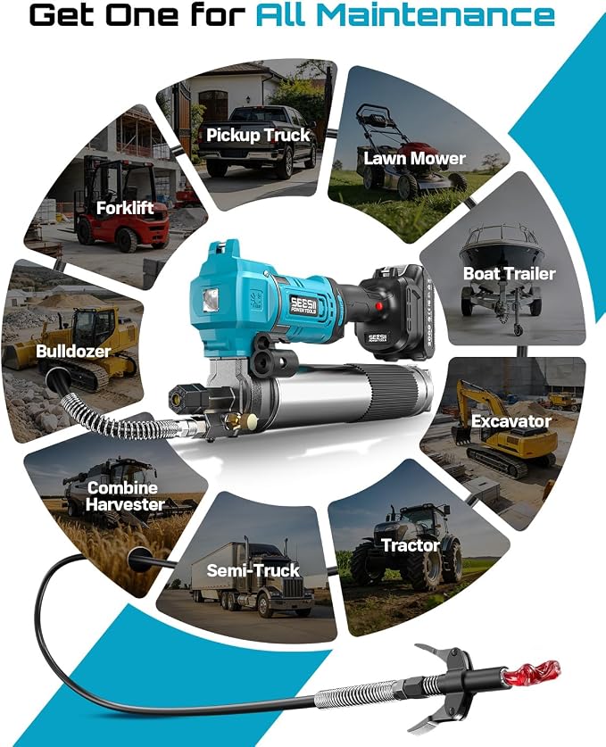 Seesii Electric Cordless Battery Grease Gun -10000 PSI with Quick-Release Coupler, 6.4 oz/min, 39.4" Flex Hose & 2 Batteries, Grease Guns for Truck, Car, Tractor,2026 Upgraded