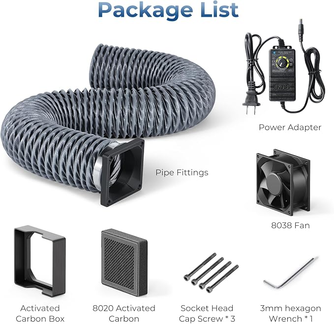Adjustable Ventilation Kit for 3D Printer Enclosure, Fan Fume Exhaust Pipe Kit with Filter & Powerful Exhaust Fan, Efficient Ventilation, Exhaust Odors Smoke and Dust