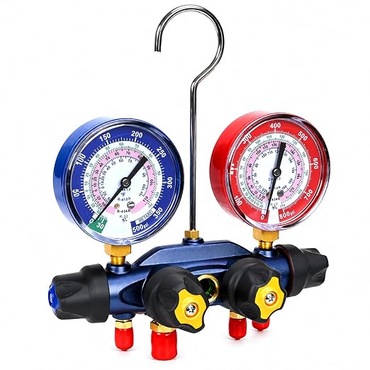 49974 A2L 4-Valve Test and Charging Manifold, 3-1/8" (80mm) Gauges for R-32/R454B/R410A, HVAC Manifold, Hoses Not Included