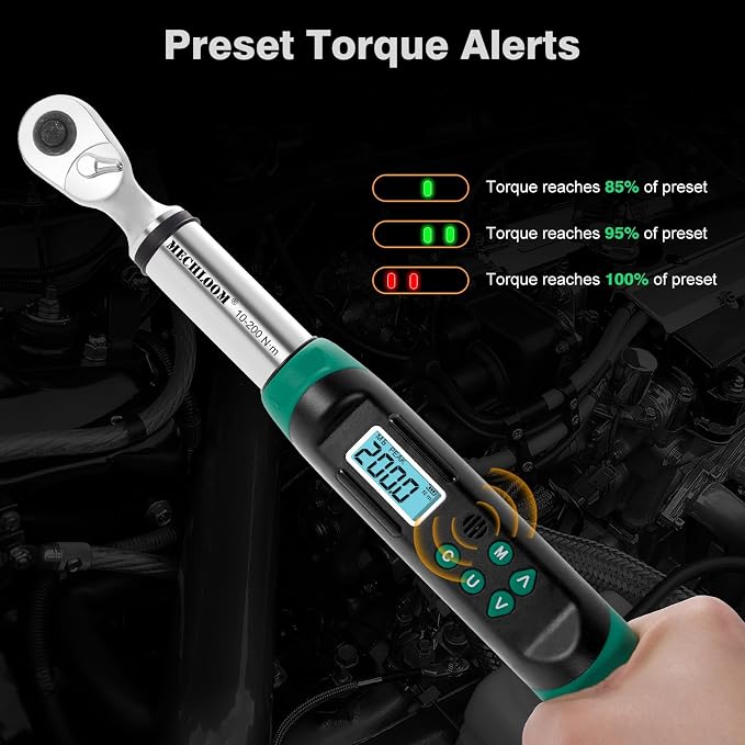 Digital Torque Wrench 1/2" Drive, 7.4–147.5 Ft-lbs / 10–200 N·m, ±2% Accuracy, Dual-Direction Ratchet, Electric Torque Wrench with Buzzer & LED Indicator for Bike, Motorcycle, Auto Repair