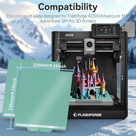 Energy-Saving AD5X/AD5M/AD5M Pro Cold Build Plate 235 * 235mm Double Sided Glossy+Matte Low-Temperature Strong-Adhesion Platform Compatible with Flashforge AD5X/Adventurer 5M/5M Pro 3D Printer-1PCS