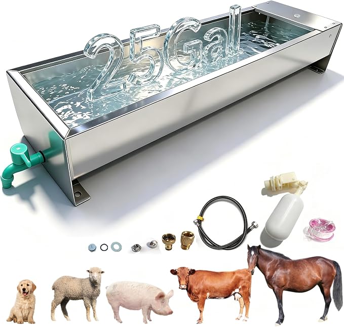Automatic Livestock Water Trough 25 Gallons/100 Quart Livestock Waterer Animal Stainless Steel Larger Automatic Waterer with Float Valve Kit for Goat Cattle Horse Hog Dog Outdoor